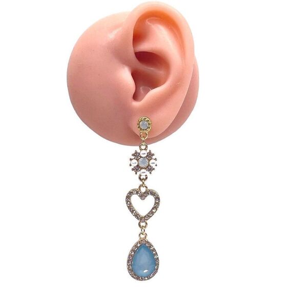 Yellow Gold with Blue and White Crystal Heart Moon Mismatch Post Back Earrings - Picture 6 of 7